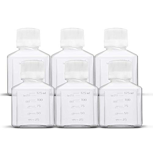 125 ml Plastic Reagent Bottle 6-Pack Laboratory Chemical Storage - Clear Graduated Square Polycarbonate Plastic Leakproof Bottles