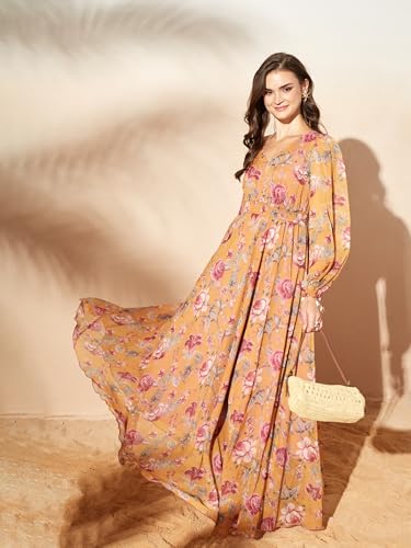 Image of Miss Chase Women's Multicolored-Base-Brown Relaxed Fit Maxi Lurex Chiffon Dress