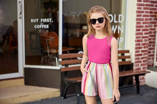 Image of Arshiner Girls Summer 2 Piece Outfit Sleeveless Top and Paperbag Waist Shorts with Pockets Kids Shorts Set Ages 5-13