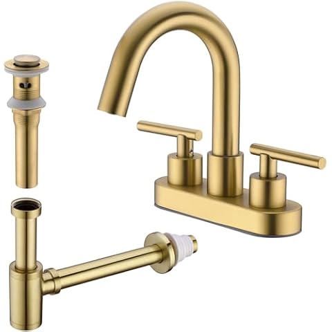 BSTIIU Bathroom Faucet with Click Sink Drain and Bottle P Trap Bundle for 3 Hole 4 Inch Centerset Bathroom Sink with Overflow, Brushed Brass Gold Cover