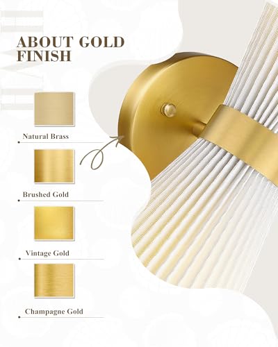 Image of Wall Sconces Set of Two, HWH 14.3 Inch Gold Bathroom Light Fixtures with Milk White Striped Fabric Shade, Modern Wall Light fixtures for Living Room Bedroom, 5HZG97B-2W-2PK BG-FB