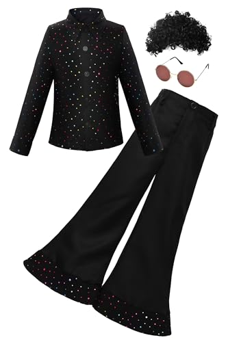 JerrisApparel 70s Kids Disco Costume Boys Retro Hip Hop Outfit Vintage Hippie Shirt Pants Sets (Small/4-6 Years, Black)