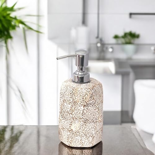 Image of Ceramic Soap Dispenser 330ml (Set of 1) | Multipurpose Lotion, Hand Wash & Liquid Soap Pump Bottle for Bathroom & Kitchen | White Brown Dotted Hexagon Design