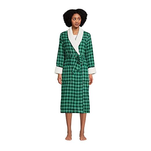 Lands' End Women's Long Sleeve Flannel Sherpa Lined Robe Emerald Gulf Field Check Petite Small
