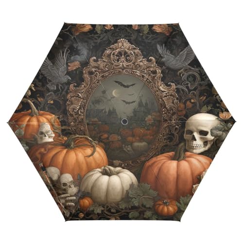 J JOYSAY Skull Pumpkin Halloween Black Travel Umbrella for Sun Folding UV Protection Umbrella for Men Travel