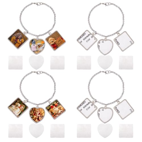 PH PandaHall 4 Sets Sublimation Bracelets Blanks Heat Transfer Bracelet Tray Heart Photo Bezel Square Craft Bezel Setting Blank for Mother's Day Friendship Bracelet Sweet Birthday Wedding Gift