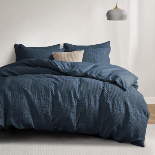 Navy Blue Waffle Quilt Cover Set – 100% Washed Cotton Bedding with 2 Pillowcases – Textured Waffle Weave, Corner Ties, Button Closure – Queen & King Sizes – Soft & Breathable