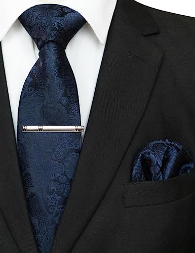 Image of JEMYGINS Mens Solid Color Paisley Necktie and Pocket Square with Tie Clip Sets