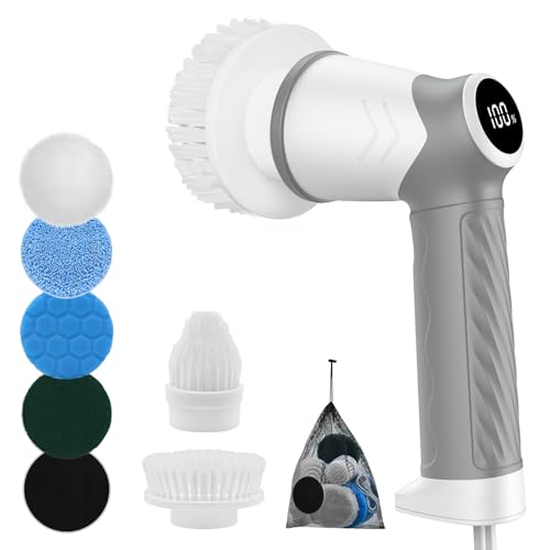 Elektrische Reinigungsbürste Upgraded schrubber Bürste 360°Spin Scrubber mit 6 austauschbare Bürstenköpfe für Badzimmer Fliesen,led anzeige reinigungsbürste,Eine Durchdachte