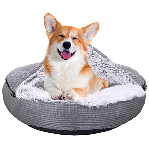 Heou Dog Bed With Blanket Attached, Calming Dog Bed For Medium Dogs, Anti Anxiety Donut Dog Bed, Round Dog Beds Washable, Anti-Slip Bottom, Grey, 28Inch, Fits Up To 35Lbs #TOP2