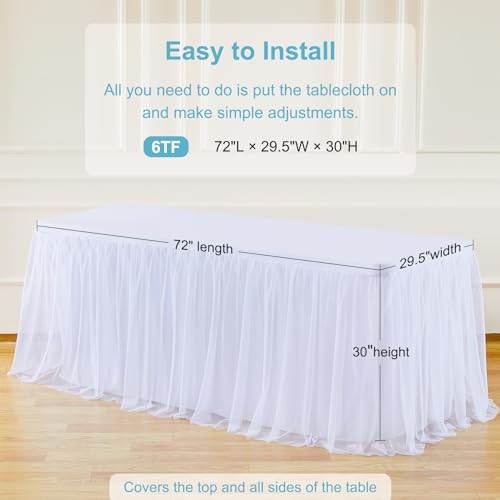 White Table Cloths 6 Foot Rectangle Stretch Ruffle Tulle Tablecloth Spandex Fitted Table Cover for 6 Foot Tables White Tulle Table Skirts Rectangle Tables 6ft Elastic Party Wedding Table Cloths
