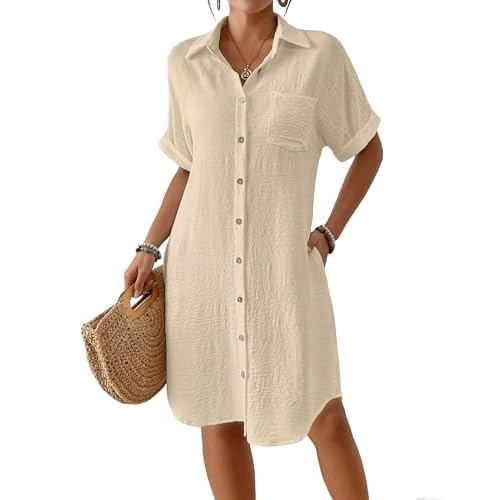 Bsubseach Womens Swimsuit Coverup Long Button Down Bathing Suit Cover Ups Short Sleeve Summer Beach Shirt Dress with Pockets Apricot Small