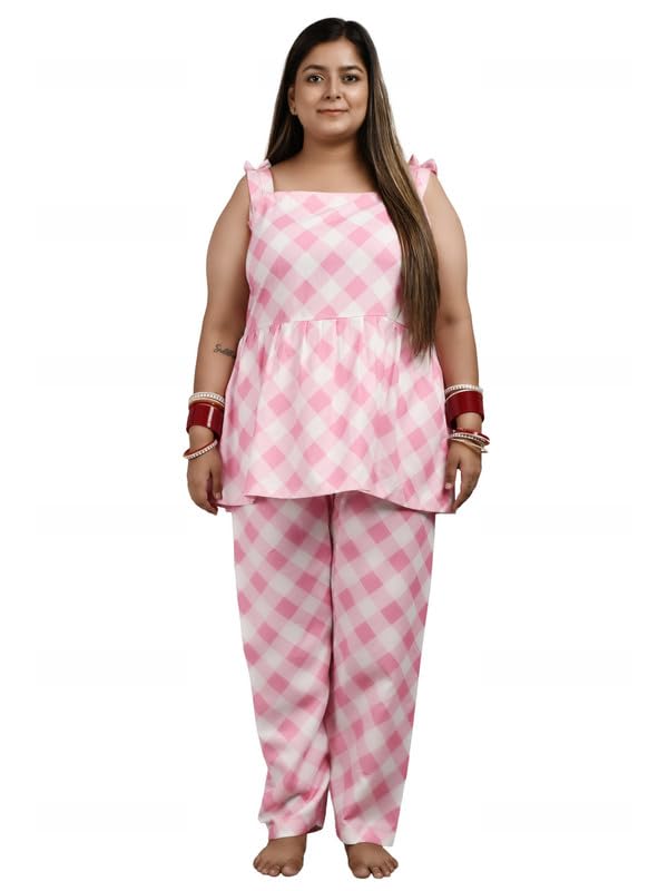 Dream Darzi Women's Printed Check Swiss Cotton Square Shape Neck Stripy Sleeveless Paplum Night Suit Set Top & Pyjamas -Pink Check