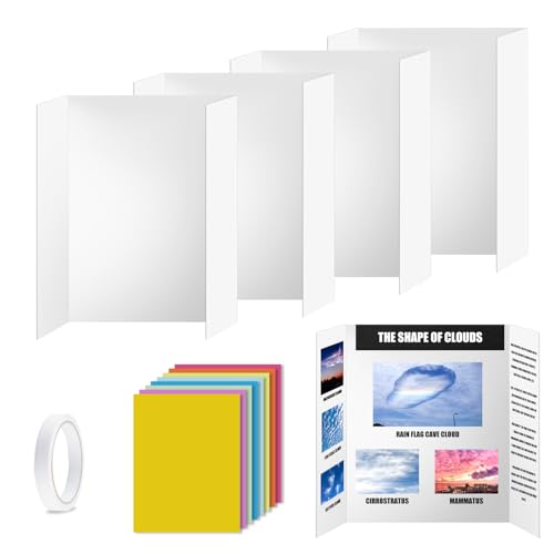 POUYRBA 4pcs Trifold Poster Board, 26x17 Inches White Trifold Presentation Display Board with Double-sided Adhesive Tape and Colorful papers Corrugated Project Board for School and Business Project