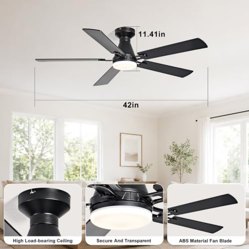 Image of Depuley Modern Ceiling Fan with Light: 42-Inch Black Flush Mount Fandelier | Bedroom Indoor Outdoor Use, 5 Reversible Walnut Blades, 6 Fan Speeds, Timing Function, Dimmable 3CCT, Remote Control Included