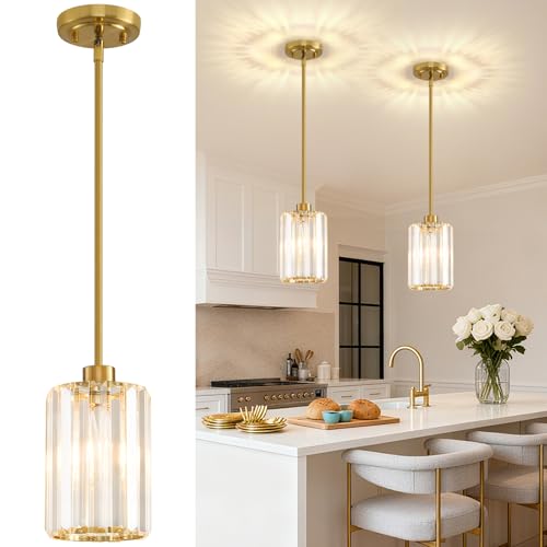 2 Pack Pendant Lights Kitchen Island, Modern Gold Pendant Light Fixtures, Mini Chandelier Crystal Kitchen Island Lighting, Hanging Pendant Lights Fixture for Kitchen Island Dining Room Hallway Foyer