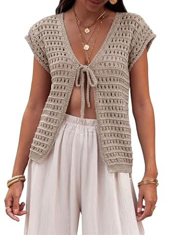 Saodimallsu Damska kurtka z dzianiny w stylu boho, seksowne bolerko, z krótkim rękawem, lekki, elegancki, krótki kardigan, dekolt w serek, szydełkowana okładka, khaki, XL