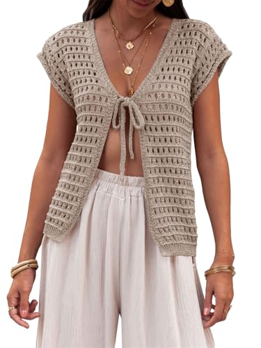 Saodimallsu Damska kurtka z dzianiny w stylu boho, seksowne bolerko, z krótkim rękawem, lekki, elegancki, krótki kardigan, dekolt w serek, szydełkowana okładka, khaki, XL