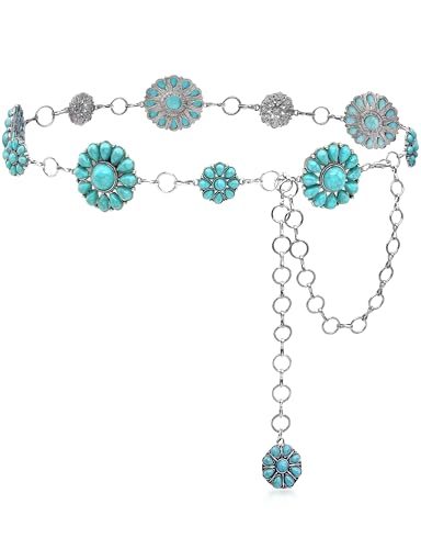Image of Turquoise Belt Silver Western Chain Belt, Cowgirl Concho Style with Turquoises Embellishment for Women