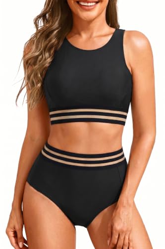 Tempt Me Women Two Piece Black High Waisted Bikini Set Mesh Swimsuits Sporty Bathing Suit with Bottom M