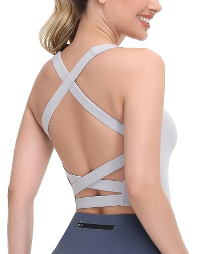 Image of romansong Strappy Yoga Sports Bras for Women Padded Criss-Cross Back Tank Tops