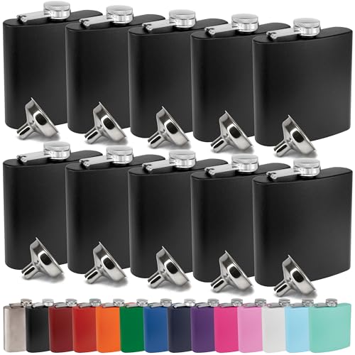 Clear Water Home Goods 6 oz Hip Flask w/Funnel (Matte Black, 10-Pack)