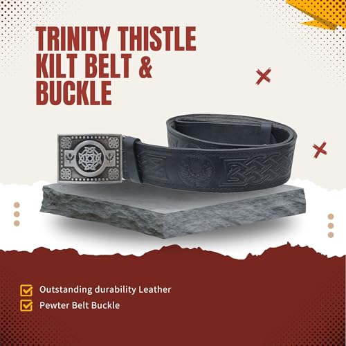 Kilt Belt and Buckle Set, Scottish Thistle Embossed Belt with Antique Celtic Trinity Buckles Pewter - Kilt Belts for Men4