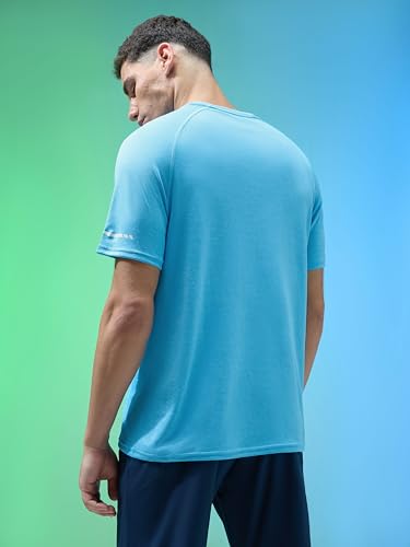 Image of TECHNOSPORT Men's Melange Slim Fit Round Neck T-Shirt Double Cool Raglan Sleeve Slip On Polyester for Gym Running Workout UPF50+ Anti Odour