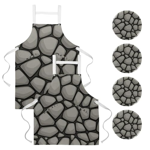 Lot de 2 tabliers de cuisine motif marbre gris avec 4 broches incluses