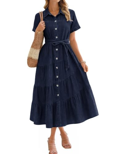BerryGo Womens Summer Denim Shirt Dress Casual Belted Short Sleeve