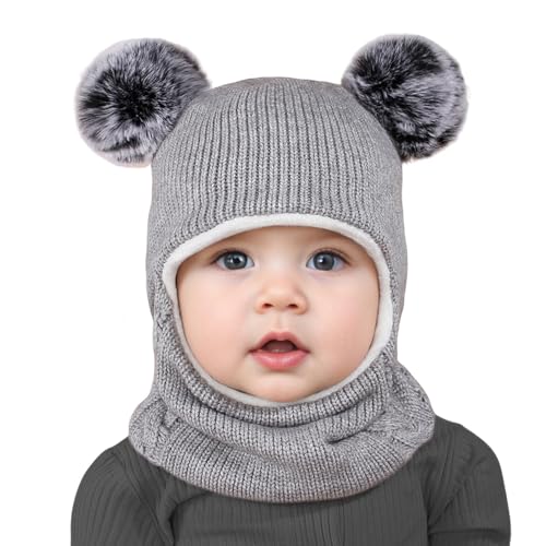 Roysmart Kinder Wintermütze, Schlupfmütze Baby, Wintermütze Mädchen Jungen Warm Strickmütze mit Pompom, Schlupfmütze Balaclava Thermische Kapuzenschal Niedlich Wintermütz für Babys Kinder