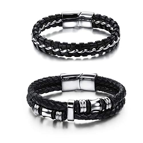 The Woo s 2Pcs Stainless Steel Braided Leather Bracelet Magnetic Clasp Braided Multi Layer Bangle Wrist Band Handmade Retro Punk Charm Stackable Layered Wrap Bracelets for Men Boyfriend Jewelry