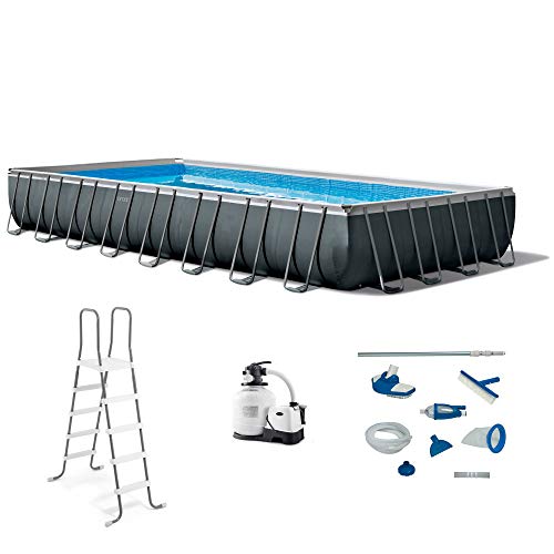 Intex Ultra XTR Heavy Duty Rectangular Above Ground Swimming Pool with Complete Set of Maintenance Kit, Ladder, and Sand Filter Pump, Gray