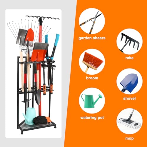 MHHO-WG Gartengeräte Ständer,Pulverbeschichteter Stahl Gartenwerkzeug Organizer,Matt-Schwarz Gartengeräteaufbewahrungsregal mit 20 Schlitzen& 14 Haken,Besenhalter für Garten,Garage,Schuppen & Outdoor