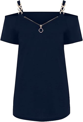 Miniatura 3 de JEGULV Camisetas de verano para mujer, con hombros descubiertos, sexy, casual, de moda, manga corta, con cremallera, cuello en V, ajuste holgado