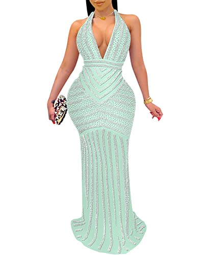 Image of PORRCEY Women's Sexy Rhinestone Mesh See Through Party Night Prom Dress