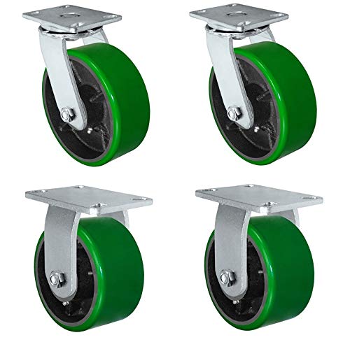 CasterHQ - 6" x 3" Heavy Duty 2 Swivel & 2 Rigid Caster - Green Polyurethane on Steel Wheel - 8,000 lbs Capacity Per Set of 4