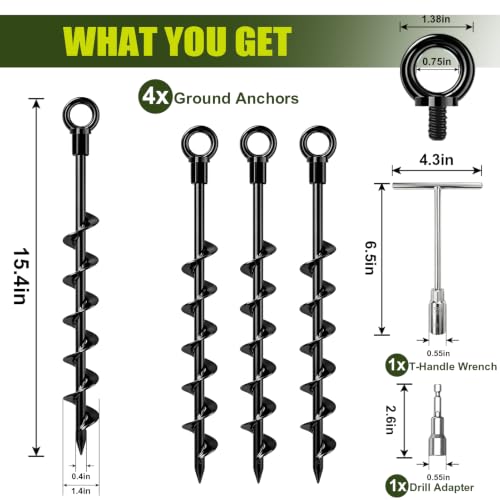Image of Eurmax USA 4-Pack Screw in Ground Anchors,Detachable Spiral Tent Stakes,Heavy Duty Rust Proof Metal Trampoline Anchors with Drill Bit Adapter&T-Handle Tool for Canopy,Tent,Trampoline,Swing Set(Black)