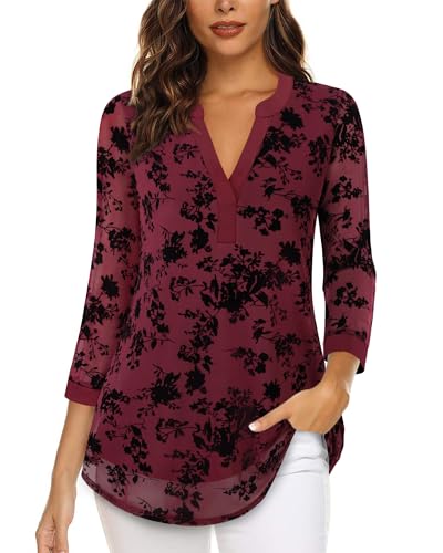 Image of Timeson Women's Short Sleeve V Neck Blouses Shirts Floral Double Layers Mesh Tunics Tops