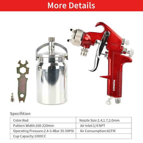 FORNAX Professional Siphon Feed Spray Gun, 1000cc Paint Cup, 1.4/1.7/2.0mm Nozzles, 6 CFM Air Consumption, 1/4" NPT Air Inlet, for Car Painting, Furniture, Automotive, Woodworking, Metal Spraying by FORNAX - Image 4
