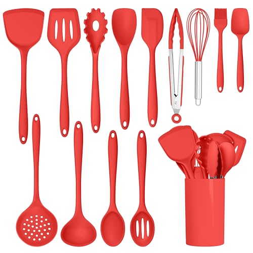 HaWare Kitchen Utensils, 14 PCS Silicone Cooking Utensils Set, Heat Resistant Kitchen Utensils for Non-stick Cookware, Kitchen Gadgets Tools with Spoons, Spatulas, Whisk, Dishwasher Safe (Red)