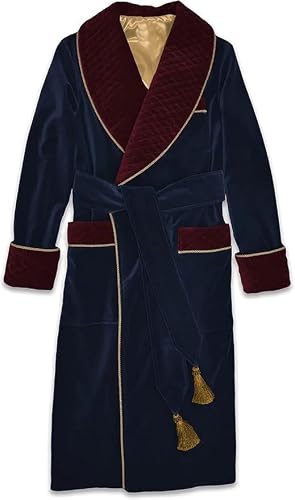Men’s Luxury Velvet Smoking Jacket Navy Blue & Burgundy Quilted Hosting Robe | Christmas Party Cigar Lounge Gown | Velvet Dinner Jacket for Men | US Alpha Large Regular Fit Elegant Evening Wear