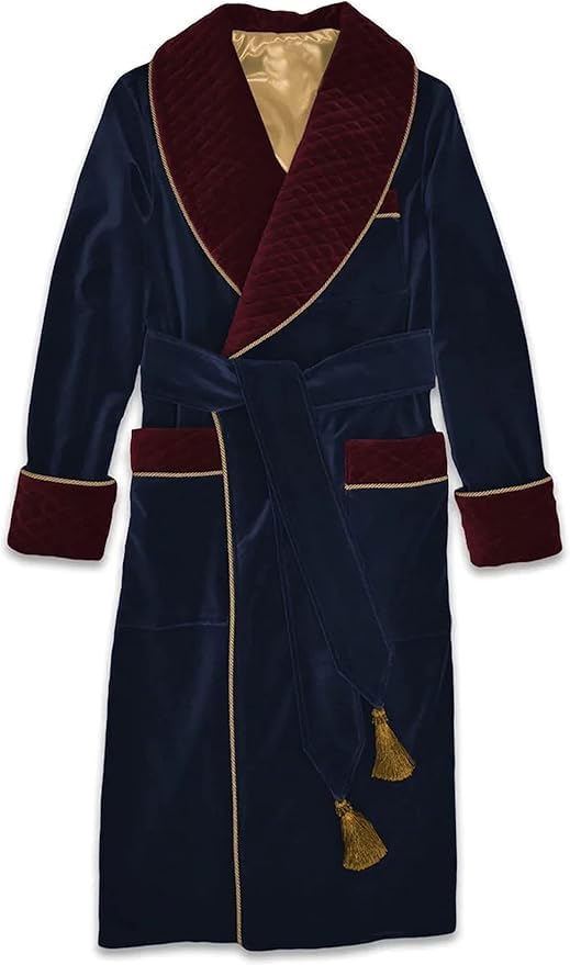 Men Luxury Velvet Navy Blue Hosting,Christmas Party Smoking Jacket Burgundy Velvet Quilted Smoking Gown for Cigar Robe