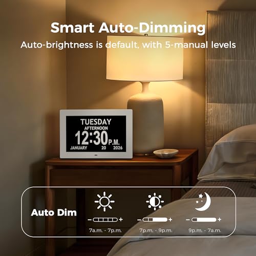 Image of 10.1'' Digital Clock With Date And Time, Dementia Clock, Large Display Alarm Clock For Seniors, 10Reminders, 6Alarms, Auto-Dimming, Auto DST, Remote Control, Gifts For People With Dementia, White