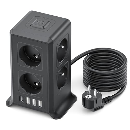 Multiprise avec Interrupteur Tour, 12 en 1 Prise Multiple avec 8 Prises Françaises et 4 USB,...