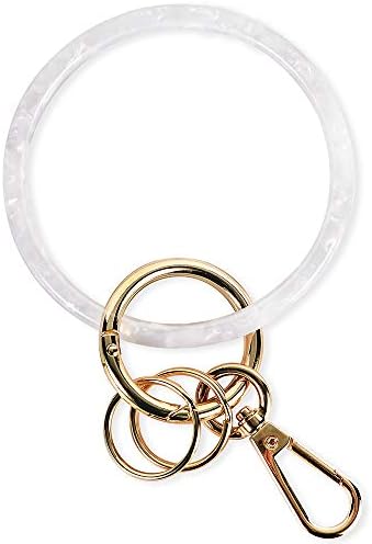 Junyuerly Wristlet Keychain Bracelet for Women Bangle Key Rings Acetate Round Key Chain with Clip (gold-pearl white)