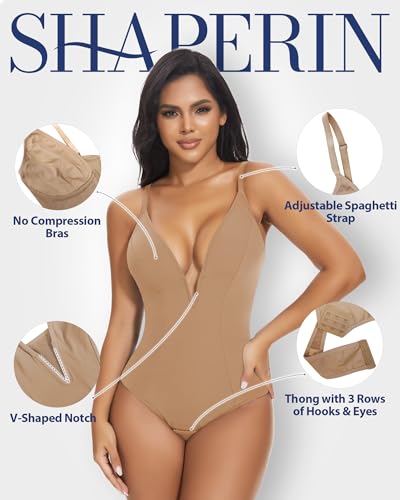 Image of SHAPERIN Bodysuit for Women Shapewear Tummy Control Deep V Neck Plunge Sleeveless Backless Thong Body Suit Tank Top