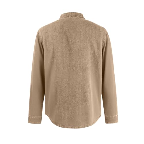 Henley Shirts for Men Long Sleeve Retro Button Down Shirts for Men Casual Distressed Stand Collar Pocket V Neack Muscle Classic Fall Vintage Washed Tops Khaki XL