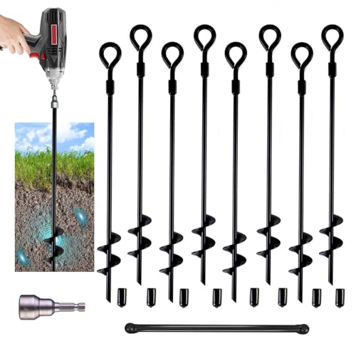 MIXXIDEA18 Inch Ground Anchors Screw in Folding Ring Spiral Metal Ground Stakes Dog Tie Out Stake Spiraling Anchor Trampoline Anchors for Tent (black-8pk)