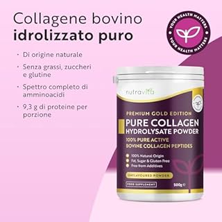 Nutravita Polvere di Collagene 500g - Peptidi di Collagene Idrolizzato Tipo 1-50 Porzioni - Integratore di Colageno Bovino con 8 Aminoacidi - Non Aromatizzato - Collagene da Bere